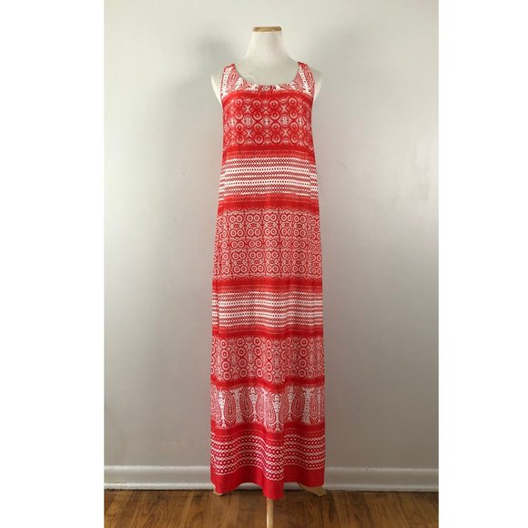 EMMA & MICHELE Maxi Dress Size Medium Red White Print Cut Out Back Knit Summer - Picture 1 of 7